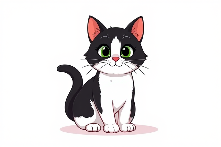 Generate a cartoon illustration of a sitting black and white cat, centered on a plain white background, using a DSLR camera with a 50mm lens, aperture f/4, ISO 100, shot from eye level and in a colorful, playful style.