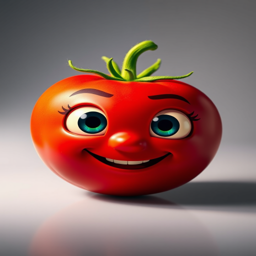 Create a vibrant cartoon-style image of a smiling tomato with big expressive eyes and a green stem, using a DSLR camera with a 50mm lens, f/1.8 aperture, ISO 100, in a well-lit studio with softbox lighting to enhance colors and details.