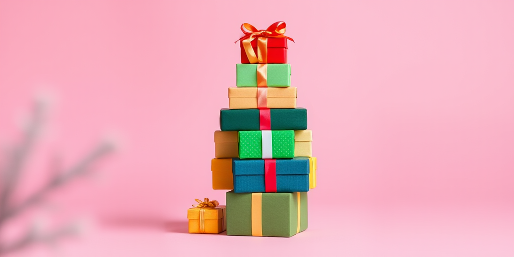 colorful stacked gift boxes forming a tree on a soft pink background, high resolution, camera settings: f/2.8, ISO 100, shutter speed 1/60, camera view: close-up, camera style: minimalistic, camera type: DSLR