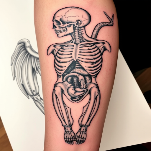Etching-style tattoo titled "Anatomical Odyssey" showcasing highly detailed anatomical illustrations reminiscent of vintage medical textbooks, utilizing fine lines and crosshatching techniques