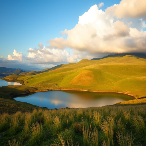 Create an image of a serene landscape featuring rolling hills, a calm lake reflecting the sky, with fluffy clouds above, using a Canon EOS R5 with a 24-70mm f/2.8 lens, aperture set to f/8, ISO 100, shutter speed at 1/125s, shot in golden hour for warm lighting and enhanced color saturation.