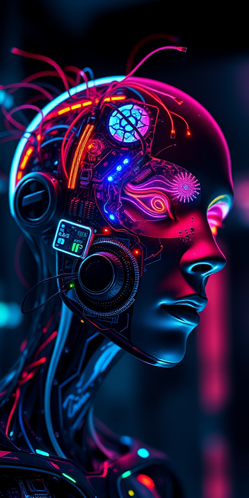 Create a futuristic digital portrait of a human head half made of organic elements and half composed of circuitry, illuminated with vibrant colors; use a Canon EOS R5, 50mm lens, f/1.8 aperture, ISO 100, 1/125 sec shutter speed, and a dramatic low angle view, with a soft focus background to enhance depth.