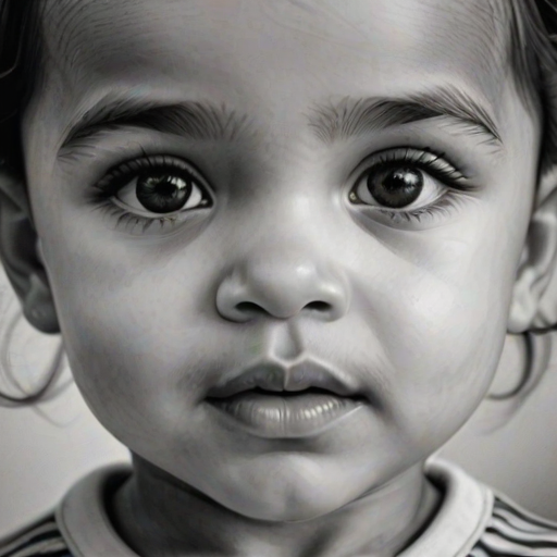 A hyperdetailed photorealistic black and white sketch of a beautiful toddler with deep black eyes, with a macro focus