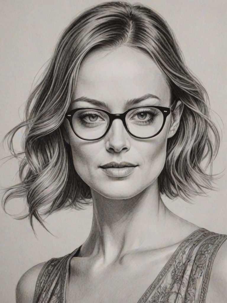 Ravishing Olivia Wilde, pencil sketch, portrait of Stunning woman 1920s in glasses, hair style beatnik, outline, clear lines, fine lines, 8k