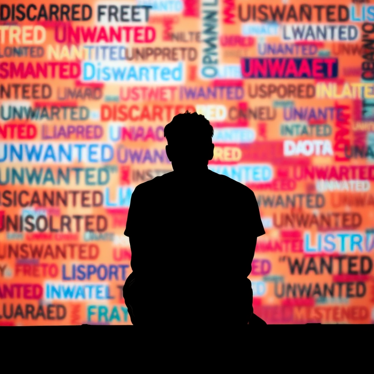 Regenerate a digital artwork featuring a silhouette of a person sitting against a vibrant background filled with words like "Discarded," "Unwanted," and "Isolated," using a Canon EOS R5 camera, 50mm lens, f/1.8 aperture, ISO 100, and a shallow depth of field for an artistic effect.