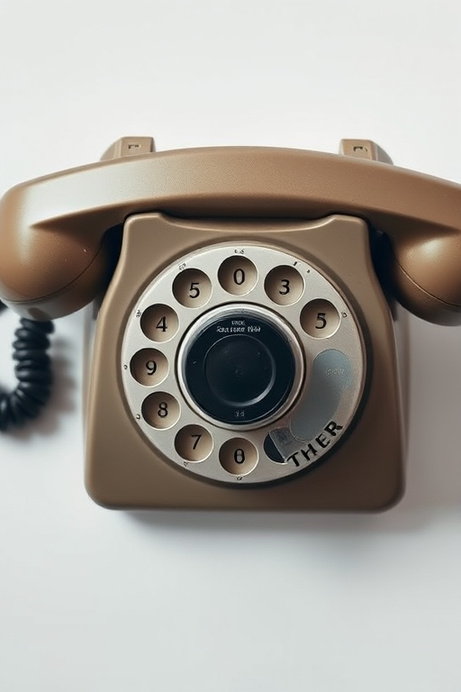 Regenerate an image of a vintage rotary phone dial on a plain background, captured with a Canon EOS R5 at f/2.8, ISO 100, shutter speed 1/60s, in a top-down view with natural lighting for enhanced clarity and detail.