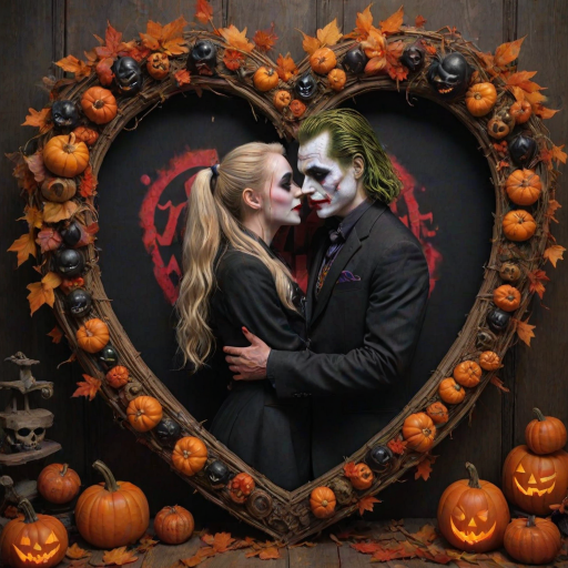 The Joker, neat, wearing a black suit and a beautiful Harley Quinn with long hair, both romantic, hugging and cuddling in the middle of a neon linen black heart frame decorated with dead leaves, bats, and small pumpkins, with a label at the bottom that reads 'Mad Love' made of linen, in a photo realistic style.