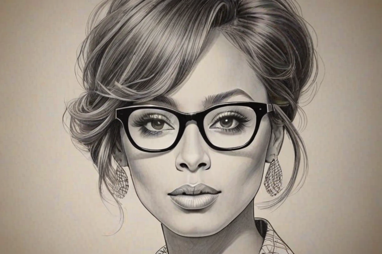 Wonderful Keri Hilson, pencil sketch, portrait of Enchanting woman 1973s in glasses, hair style beatnik, outline, clear lines, fine lines, 8k