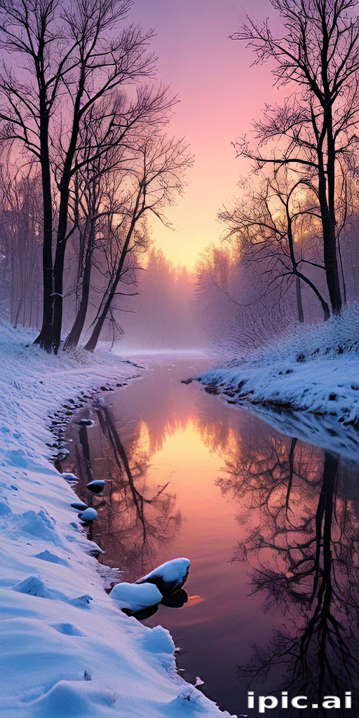 Serene Winter Landscape: Tranquil River Reflecting a Colorful Sunrise