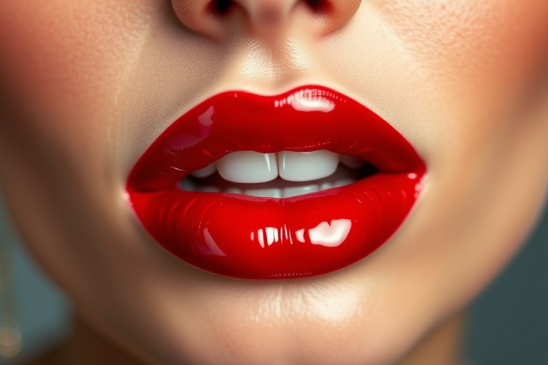 Glossy cherry red lips with a vinyl shine, called "Classic Glamour," feature a bold, timeless color and ultra-reflective surface for a statement look