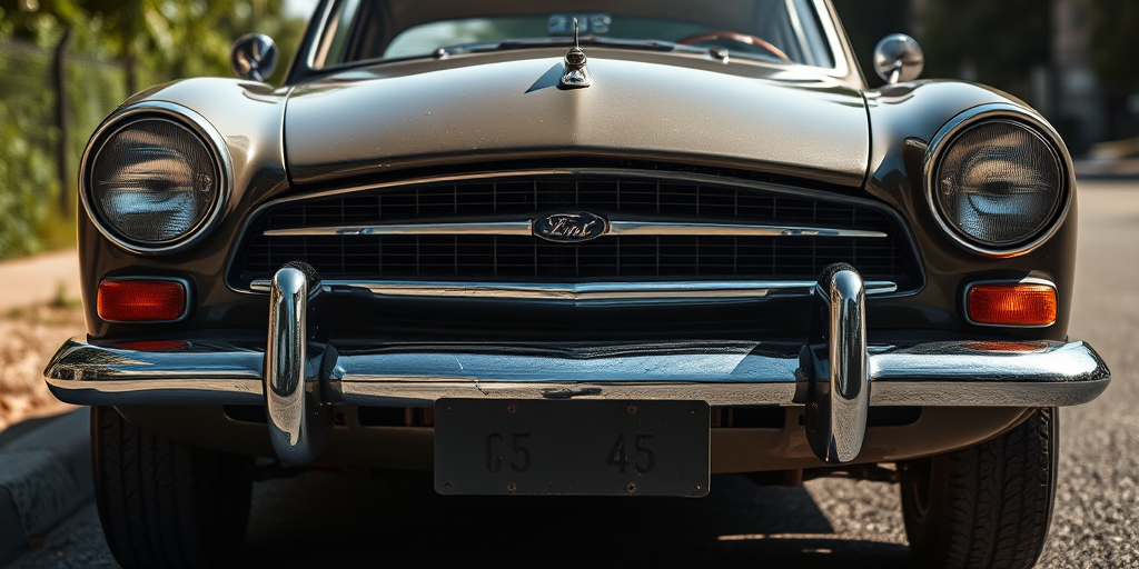 Regenerate the vintage car image with a shallow depth of field, 50mm lens, f/1.8 aperture, ISO 100, 1/250s shutter speed, front three-quarter angle view, focus on the front details, bright natural lighting, and a high-resolution texture to enhance the overall quality.