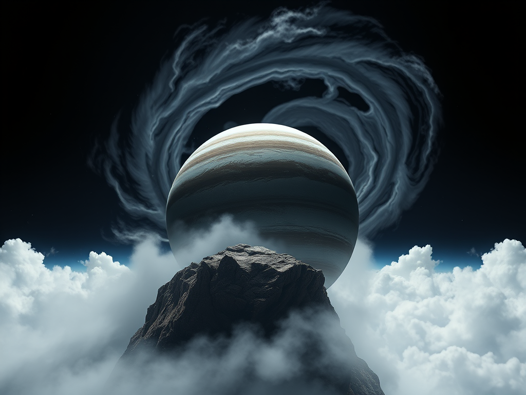 Generate a realistic image of a rocky planet with swirling clouds and a dark atmosphere in space, using a DSLR camera with a 50mm lens, aperture f/1.8, ISO 100, shot at a low angle view with a high dynamic range for enhanced details and depth.
