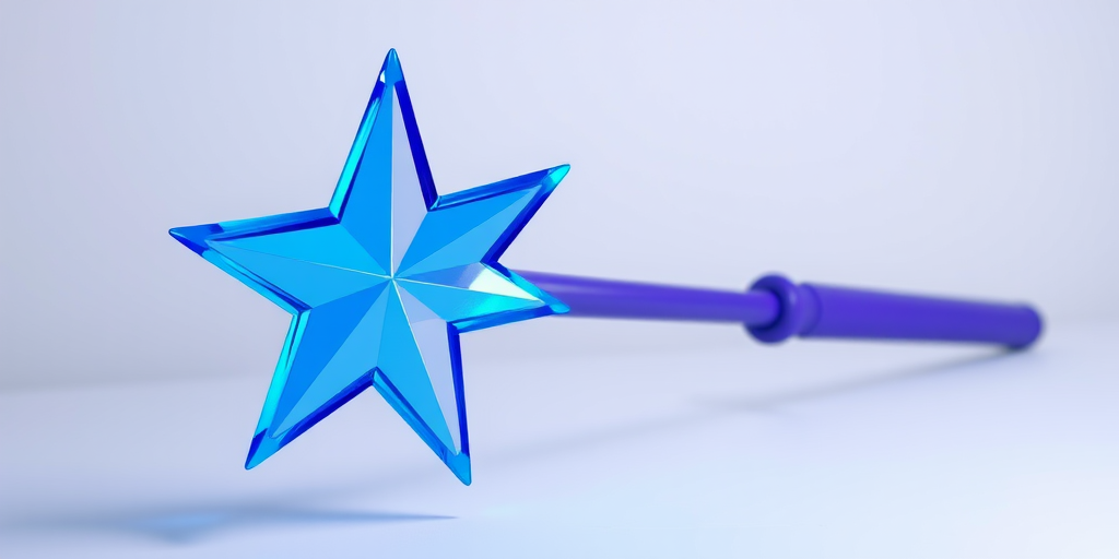 Create an image of a blue star wand with a purple handle, captured with a DSLR camera at f/2.8, ISO 100, 50mm lens, in a studio setting with soft lighting to enhance colors and reduce shadows.