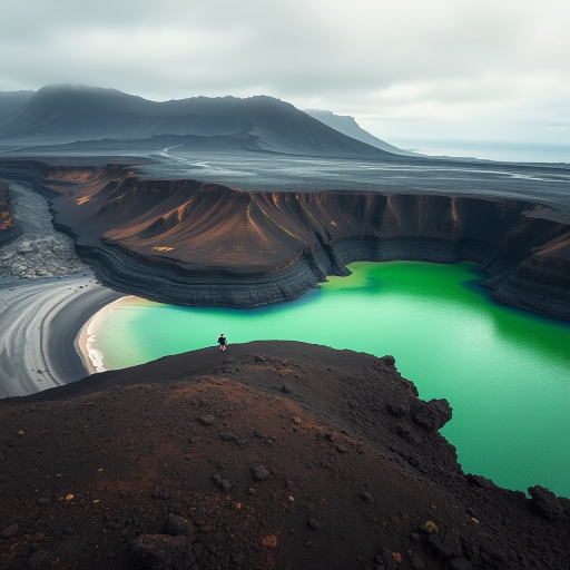 Capture a stunning view of a volcanic landscape with vibrant green water and textured black cliffs, include two small figures walking along a curvy shoreline, shot with a Canon EOS R5, 24mm lens, f/8 aperture, ISO 200, in natural light for enhanced detail and contrast.