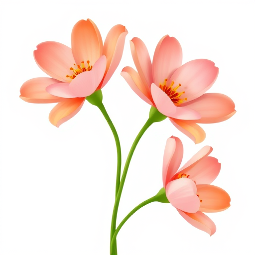 Create an illustration of three stylized flowers with soft pink and orange petals on a green stem, against a white background, using a digital painting technique, with high resolution settings, vibrant color contrast, and a 50mm focal length for clarity.