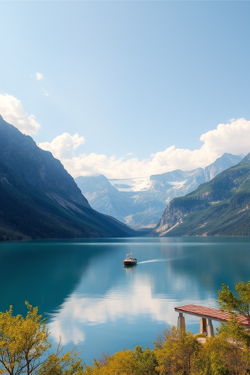 generate a serene landscape of a lake surrounded by majestic mountains during a clear day with soft clouds, include a boat gently gliding on the water, shot with a Canon EOS R6, 24mm lens, aperture f/11, shutter speed 1/125 sec, ISO 100, natural lighting, focus on vibrant colors and sharp details