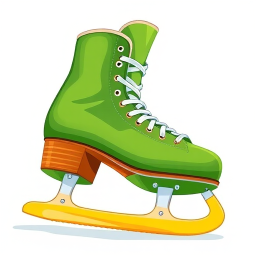 Create a vibrant illustration of a green ice skate with a yellow blade on a white background, using a high-resolution digital camera with an aperture of f/2.8, 50mm lens, natural lighting, and a shallow depth of field to enhance detail and color.