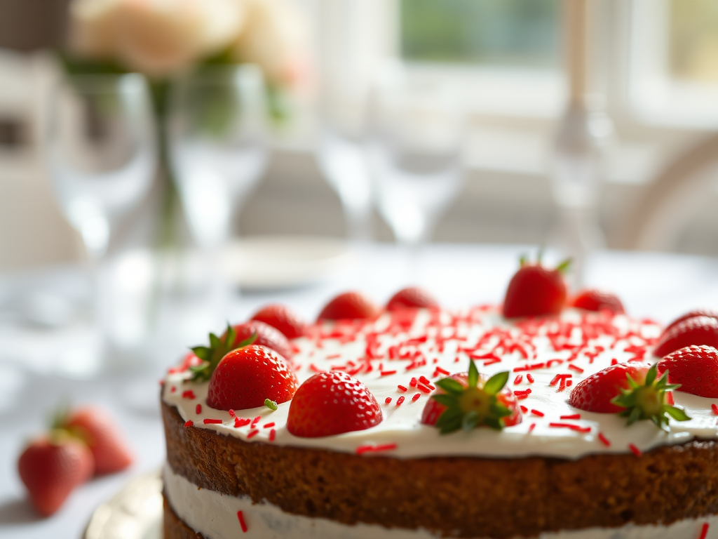 A beautifully decorated cake topped with fresh strawberries and red sprinkles, shot in soft natural light, with a shallow depth of field at f/2.8, 50mm lens, ISO 100, Canon EOS R5, focus on the cake with a blurred elegant table setting in the background.