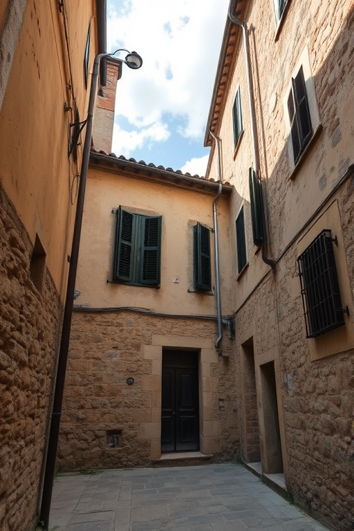 Capture a rustic old building in a narrow alley with weathered stone walls, wooden shutters, and a partially cloudy sky, using a DSLR camera at ISO 100, aperture f/8, focal length 24mm, in HDR style to enhance detail and color vibrancy.