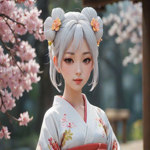 i want the whole image to be created in 3D anime style, 1girl, solo, blush, hair ornament, closed mouth, closed eyes, upper body, flower, white hair, japanese clothes, hair flower, kimono, blurry, eyelashes, makeup, depth of field, blurry background, drill hair, floral print, lipstick, eyeshadow, hair rings, kanzashi