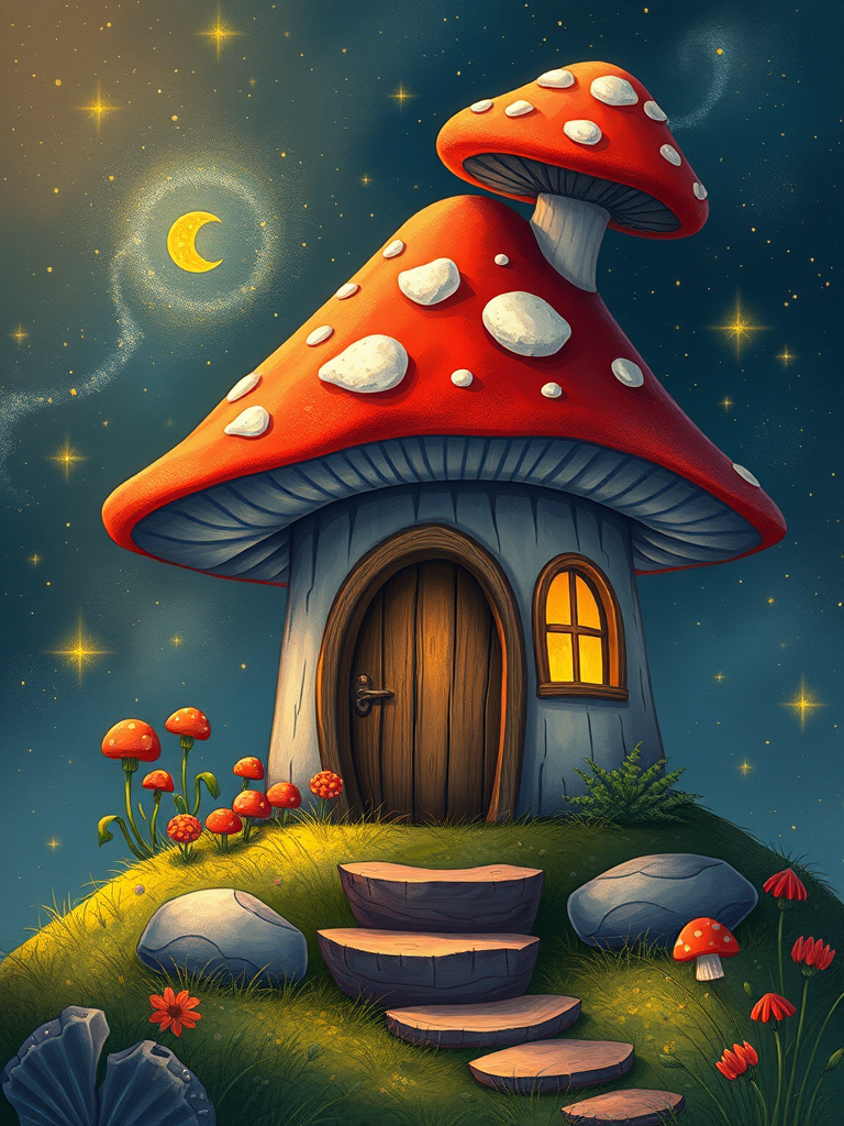 create illustration of a mushroom house with a door and a window, a storybook , fantasy art, mushroom house, bg starry sky, sparkles