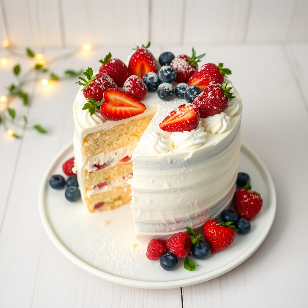 A beautifully decorated white cake with a fluffy texture topped with fresh strawberries, blueberries, and raspberries dusted with powdered sugar and garnished with green sprigs on a white plate, partially sliced, set against a light wooden background with soft glowing fairy lights.