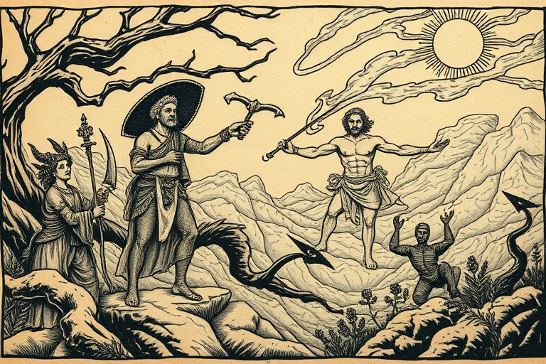 Woodcut-style "Mythic Legends" tattoo illustration depicting ancient folklore and mythological scenes with distinctive crosshatching and etching techniques creating a timeless and rustic appearance