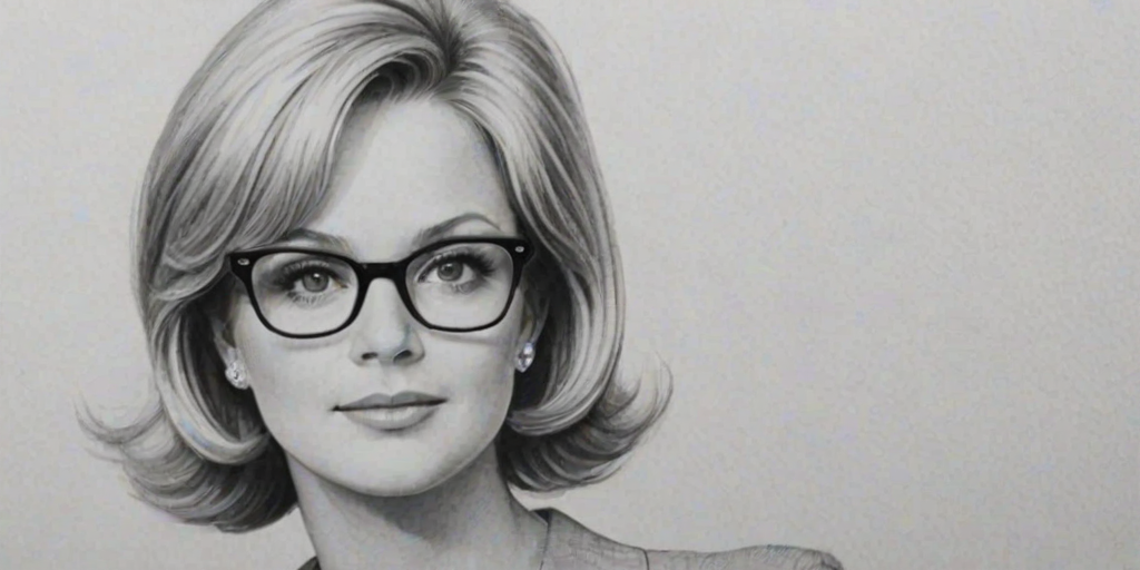 Exquisite Bonnie Hunt, pencil sketch, portrait of Stunning woman 1963s in glasses, hair style beatnik, outline, clear lines, fine lines, 8k