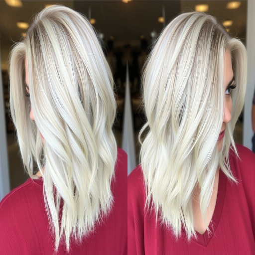 Trendy hair style exhibiting a textured lob with choppy layers and a rooted platinum blonde look blending into icy white ends