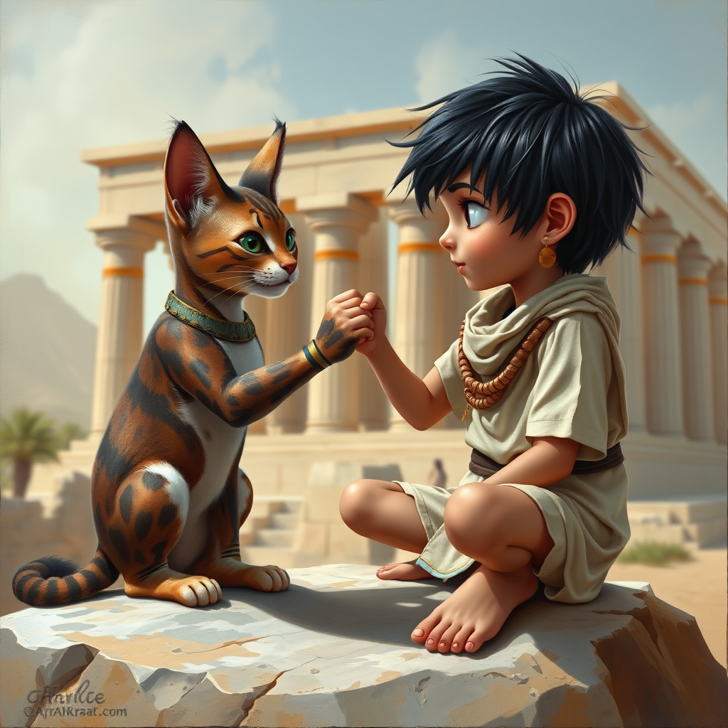 Airbrush, whimsical, glossy oil painting, hyper realism of an Ancient Egyptian boy with black messy short hair, wearing an Ancient Egyptian outfit, bare feet, sitting on a stone in front of a temple, fist bumping with his Ancient Egyptian cat, the boy and the cat looking to each other proudly.