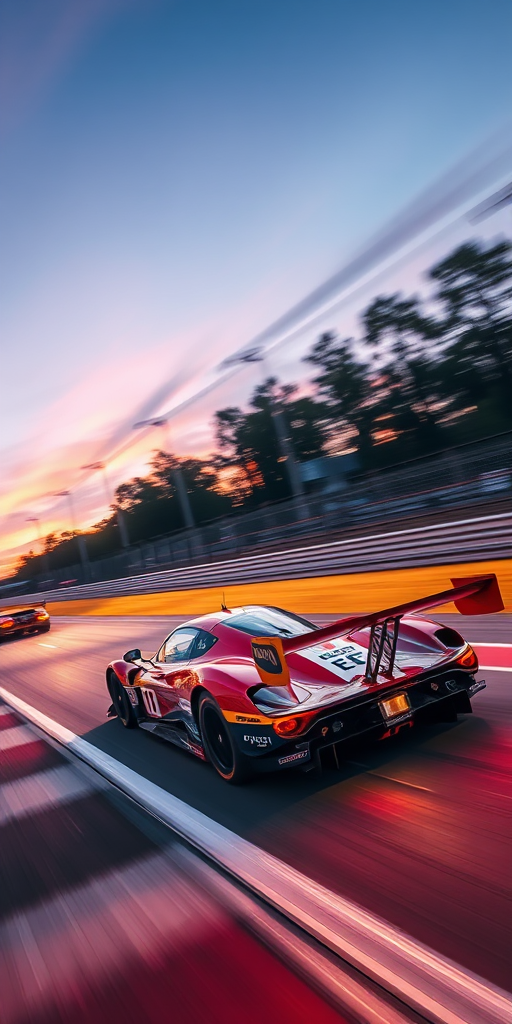 high-speed racing car on a track captured at dusk, exposure time 1/1000s, aperture f/2.8, ISO 200, wide-angle lens, captured with a DSLR camera, vibrant colors with a focus on motion blur for dynamic effect