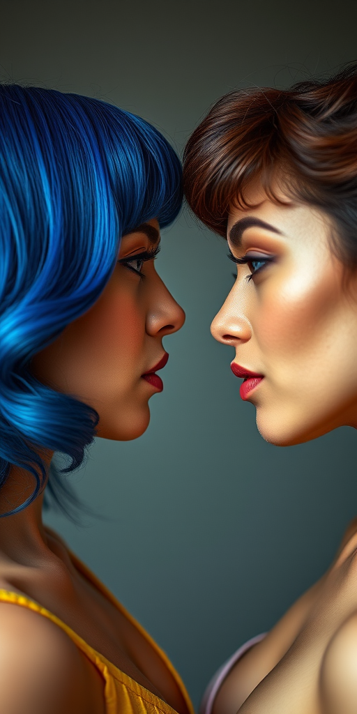 Regenerate an image of two stylized women with contrasting hairstyles and colors facing each other, using a Canon EOS R5, 50mm f/1.2 lens, shot in portrait mode, soft lighting, high dynamic range.