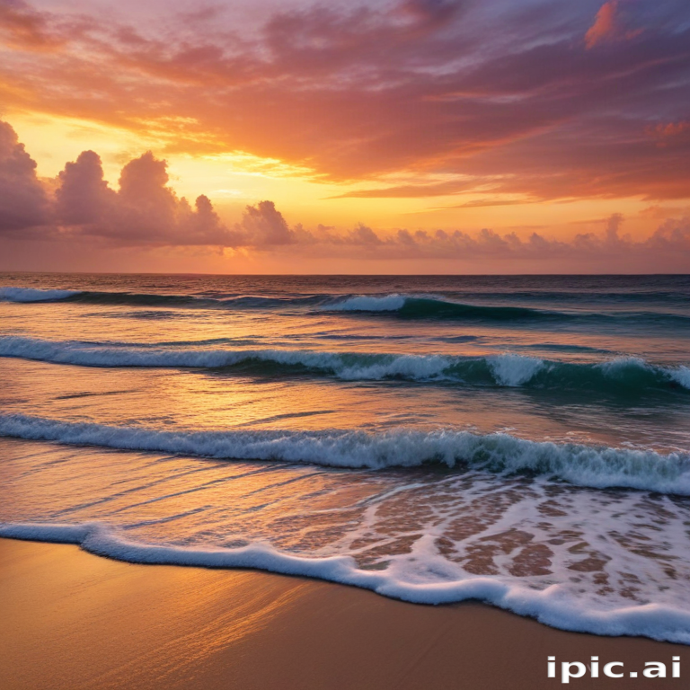 Serene Sunset Over the Ocean with Gentle Waves and Colorful Clouds