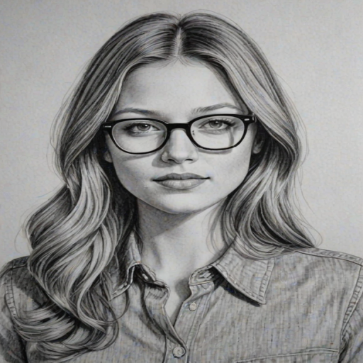 Fascinating Melissa Benoist, pencil sketch, portrait of Comely woman 1973s in glasses, hair style beatnik, outline, clear lines, fine lines, 8k