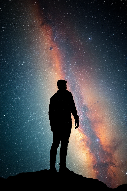 Create an ethereal image of a silhouette of a human figure filled with a galaxy, standing in a cosmic scene filled with stars and nebulae, using a DSLR camera with a 50mm lens, f/1.8 aperture, ISO 100, long exposure of 10 seconds, shot from a low angle to enhance depth and perspective.