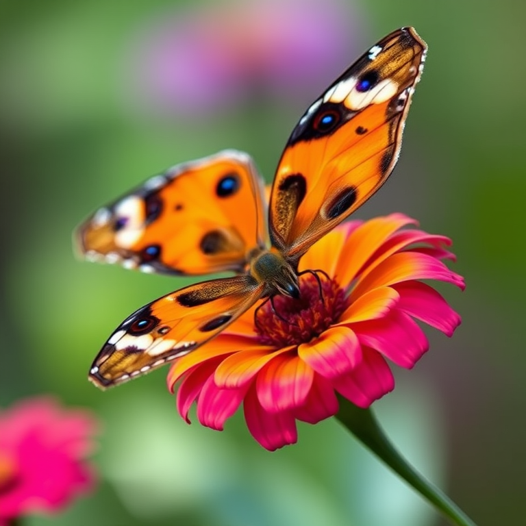 Generate an image of a butterfly perched on a vibrant flower. The butterfly should have striking orange and black wings with eye-like patterns. The background should be softly blurred with hints of green and purple, creating a serene outdoor atmosphere.