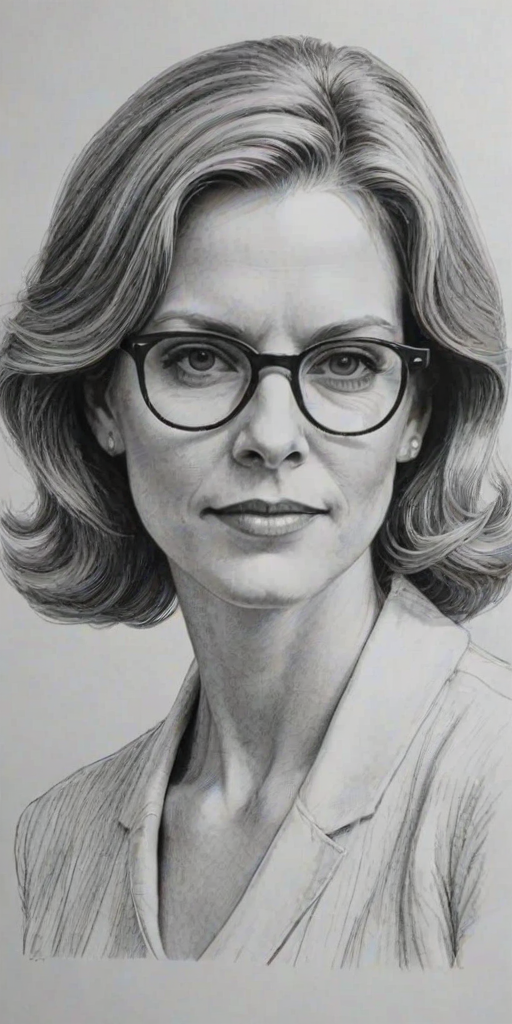 Splendid Kristine Sutherland, pencil sketch, portrait of Superb woman 1966s in glasses, hair style beatnik, outline, clear lines, fine lines, 8k