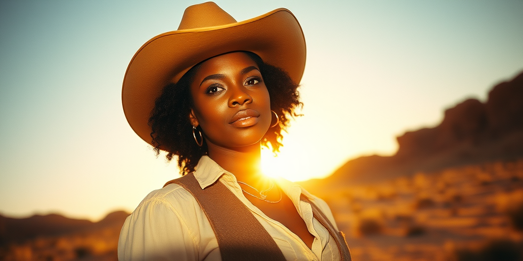 Dramatic photo of a beautiful Afro-Caribbean woman, classic cowboy attire, confident and free spirit expression, half-length portrait, centered, golden hour desert landscape, warm, diffused light, low angle, medium format film camera, in style of Annie Leibovitz.