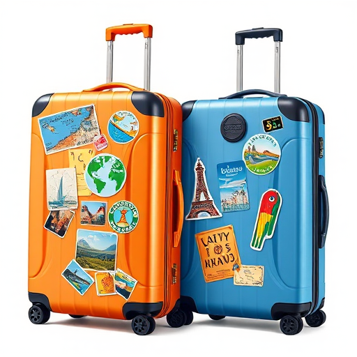 Create an illustration of two travel suitcases, one orange and one blue, with various travel stickers on them, shot with a DSLR camera, aperture f/8, ISO 100, 50mm lens, bright studio lighting, high-resolution digital art style.
