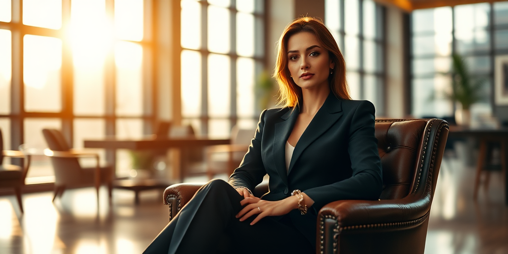 Create an image of a stylish woman in a suit sitting confidently on a leather armchair in a luxurious office, soft golden lighting filtering through large windows, high resolution, 50mm lens, f/1.8 aperture, ISO 100, portrait orientation, cinematic style, digital photography.