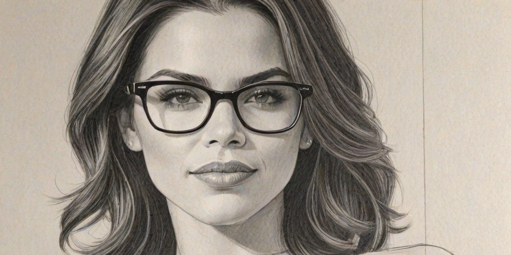 Radiant Jenna Dewan, pencil sketch, portrait of Alluring woman 1948s in glasses, hair style beatnik, outline, clear lines, fine lines, 8k