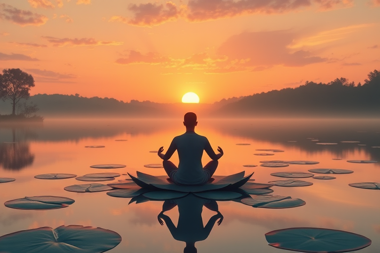 Create an illustration of a peaceful man meditating on a lily pad in a serene lake during sunset, with reflections in the water, using a soft color palette, captured with a Canon EOS R5, 50mm lens, f/2.8 aperture, and a gentle bokeh effect.