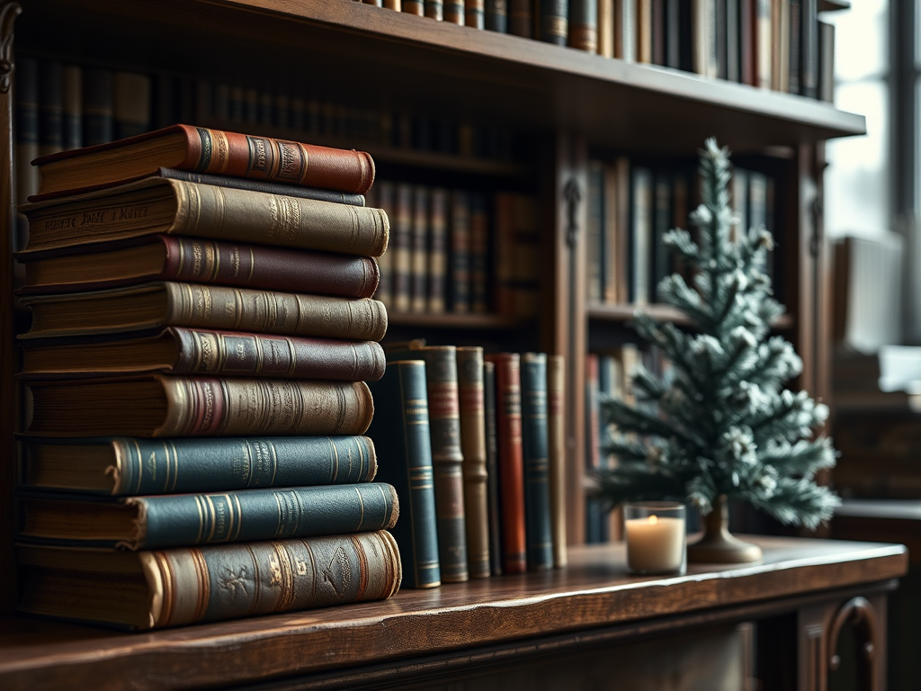 A cozy library scene featuring stacked antique books on a wooden shelf, with a small decorative snowy tree and a candle, shot with a Canon EOS R5 at f/2.8, 50mm lens, ISO 200, natural light for soft shadows and improved image quality.