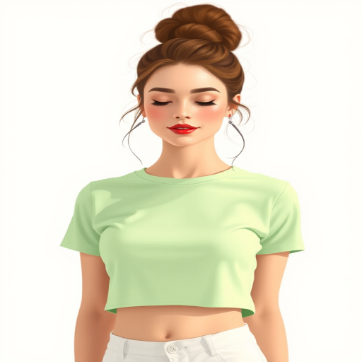 Create a digital illustration of a woman with a stylish bun wearing a light green cropped t-shirt, striking a carefree pose with closed eyes and red lips, using a Canon EOS R5, 50mm lens, aperture f/1.8, ISO 100, natural soft lighting, and a minimalist background.