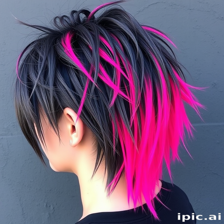 Charcoal grey mullet with neon pink tips, called "Punk Rock Twilight," featuring a grungy texture and an edgy contrast between dark and vibrant tones