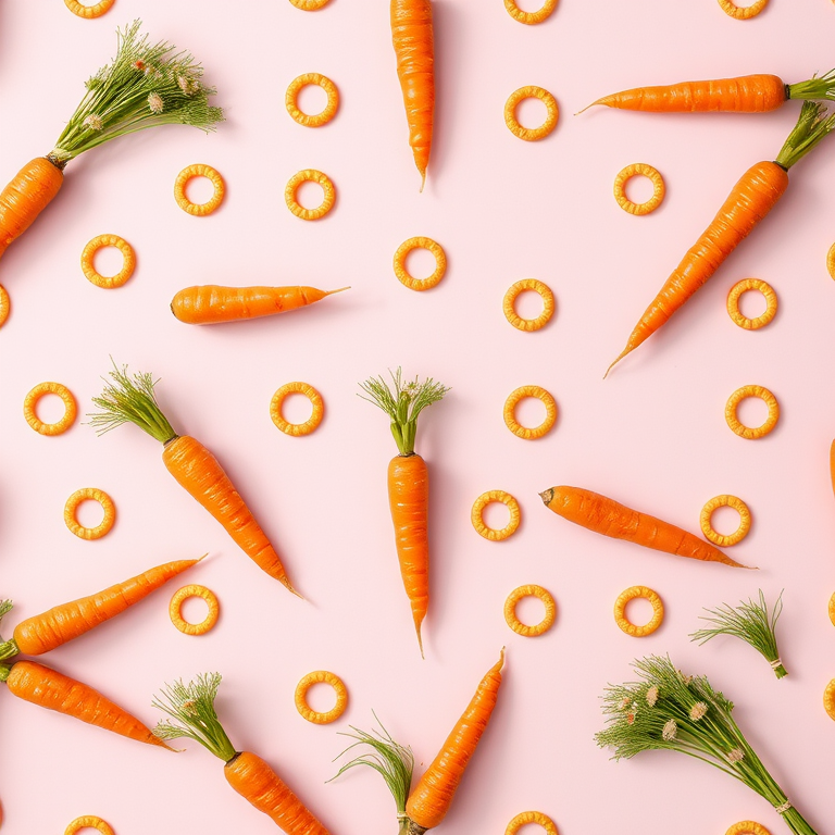Generate a seamless pattern of carrots and circles on a light pink background, using a Canon EOS R5 with a 50mm f/1.2 lens, aperture at f/8, ISO 100, 1/125s shutter speed, top-down view for flat lay photography, bright lighting for enhanced color saturation.