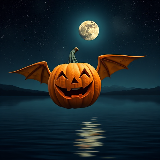 Floating pumpkin with wings and a surprised expression against a starry night sky, full moon reflecting on calm water, taken with a DSLR camera, focal length 50mm, aperture f/2.8, ISO 100, 1/125s exposure, in portrait view for enhanced detail.