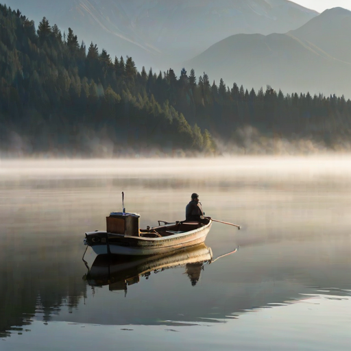 Crisp, early morning photo of a fishing boat on a calm lake, soft mist rising from the water, sunlight glinting off the surface, distant mountains reflected in the lake, the sound of birds chirping and the gentle splash of water from the oars.