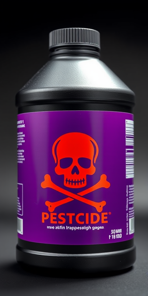 Generate a high-resolution image of a pesticide container with a bold red skull and crossbones symbol on a vibrant purple label, using a 50mm lens, f/1.8 aperture, ISO 100, shot from a slightly elevated angle, in a studio setting with softbox lighting to enhance colors and details.