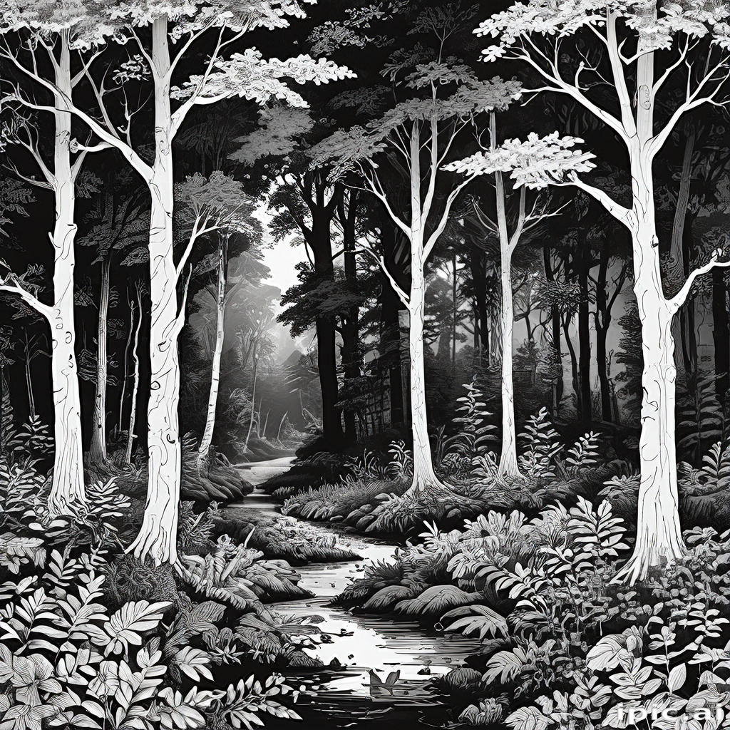 Serene Black and White Forest Landscape with a Gentle Stream Flowing